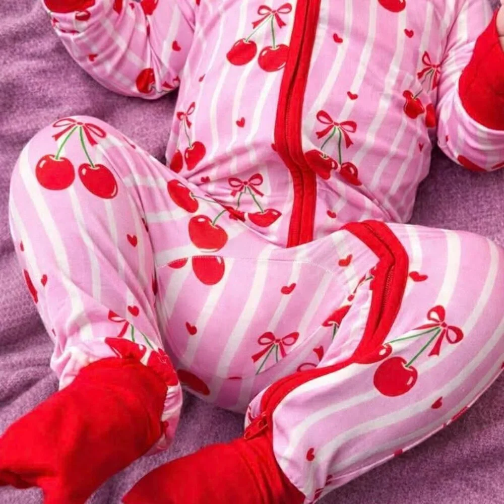 Cherry Hearts Bamboo Footie Pajamas | Cherry Print Zippy Sleeper 3-6M | NWT